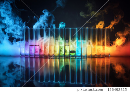 Test tubes filled with vibrant liquids and colorful vapor create a striking laboratory display 126492815