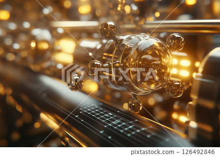 Molecular machine displaying intricate rotation and movement in a futuristic environment with golden hues 126492846