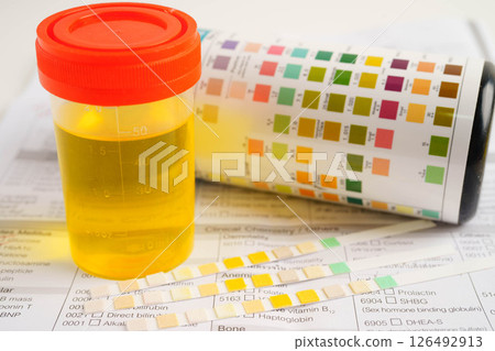Urinalysis, urine cup for check health examination in laboratory. Urinalysis, urine cup for check health examination in laboratory. 126492913