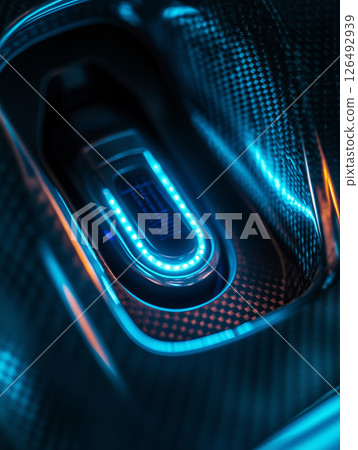 Electric car charging port close up showing illuminated charging indicator against a textured black background in a modern setting 126492939