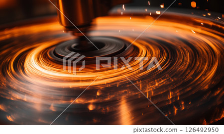 Dynamic view of a spinning wheel creating sparks in a workshop environment during late afternoon hours Dynamic view of a spinning wheel creating sparks in a workshop environment during late afternoon hours 126492950