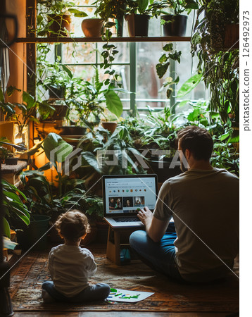 Father and child spending quality time in a cozy study surrounded by lush green plants while exploring activities online Father and child spending quality time in a cozy study surrounded by lush green plants while exploring activities online 126492973