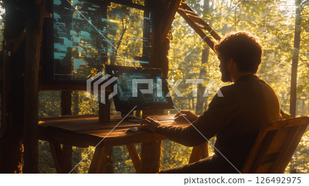 Father engaged in advanced work on a holographic desktop setup surrounded by a serene forest environment Father engaged in advanced work on a holographic desktop setup surrounded by a serene forest environment 126492975