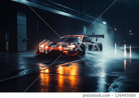 Nighttime wash of a racing car on a rain soaked track with vibrant reflections and dynamic lighting in the urban setting 126493080