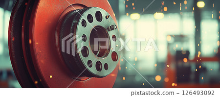 Visually striking red brake caliper shines under the warm light of an automotive workshop during a busy repair session 126493092