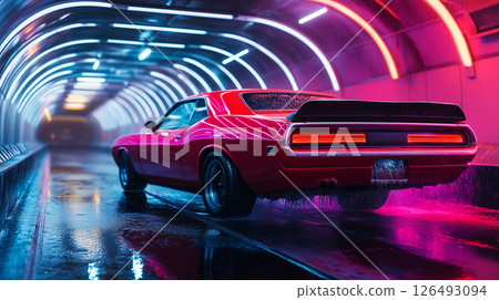 Red muscle car gets a wash in vibrant dark tunnel with neon lights and water spray 126493094