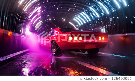 Red muscle car gets a wash in a dark tunnel with colorful lights and water spray 126493095