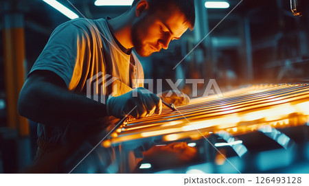 Technician meticulously polishing a chrome grille in a well lit workshop for a flawless finish 126493128