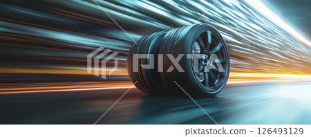 Dynamic spinning tire and rim assembly showcasing motion and speed against a blurred colorful background 126493129