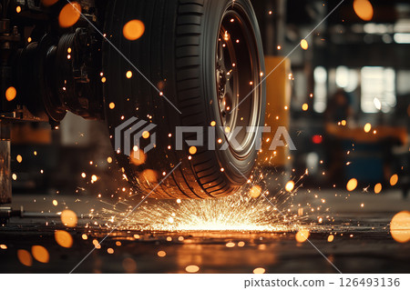 Tire balancing machine operates with spinning motion while creating sparks in an industrial workshop environment 126493136