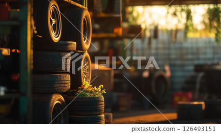 Stacked tires of various sizes arranged on a tire rack in a busy garage during the golden hour of late afternoon Stacked tires of various sizes arranged on a tire rack in a busy garage during the golden hour of late afternoon 126493151