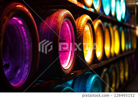 Colorful rows of neatly stacked tires enhance the vibrant atmosphere of a tire shop during daylight 126493152