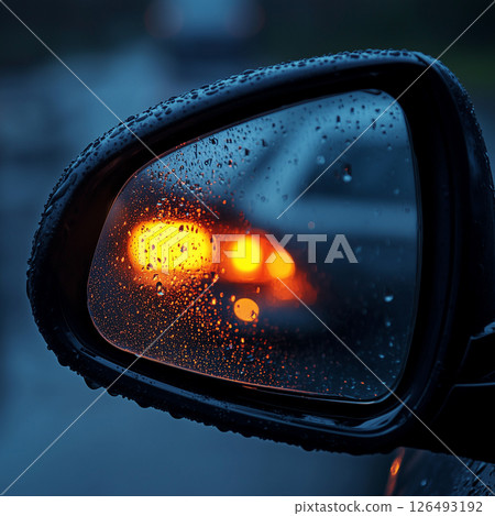 Side mirror turn signal lights up during a rainy evening, showcasing raindrops on the glass in a blurred urban setting 126493192