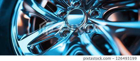 Close up view of a vehicle hubcap design showcasing intricate details and reflections 126493199