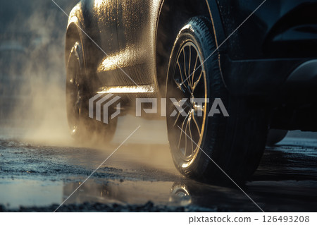 Steam cleaning a black SUV wheel at a car wash during the early morning hours 126493208