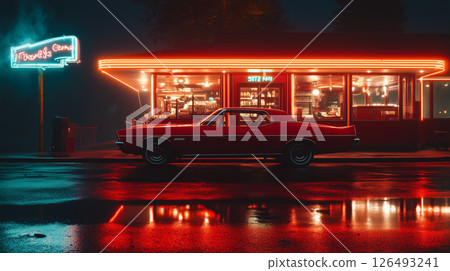 Classic retro car parked beside a diner glowing with neon lights in a nighttime urban setting 126493241