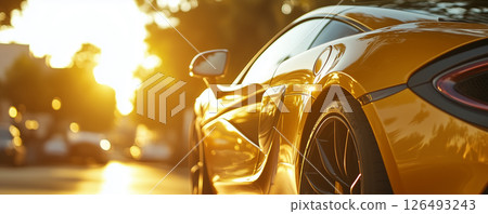 Bright sunset highlights the sleek design of a sports car parked along a city street displaying a captivating reflection in the side mirror 126493243
