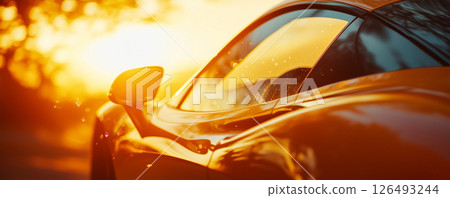 Reflection of a vibrant orange sports car in side mirror during sunset in a serene outdoor setting 126493244