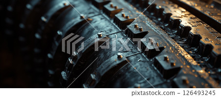 Close up view of a tread with subtle reflections showcasing intricate details and texture on a wet surface 126493245