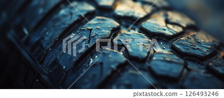 Detailed close up view of tire tread showing texture and subtle reflections in soft lighting conditions 126493246