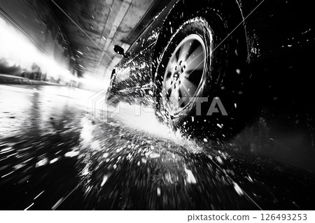 Dynamic car wash view showcasing a close up of water splashes and tires in motion under an overpass 126493253