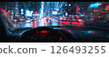 Rainy night view through a car window showcasing city lights and wet streets 126493255