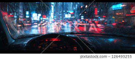 Rainy night view through a car window showcasing city lights and wet streets 126493255