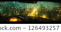Rainy night view through car window showcasing illuminated city streets and blurred buildings in the background 126493257