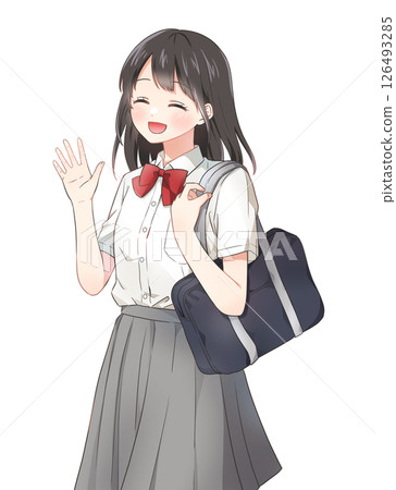 Illustration of a female student in summer clothes waving and smiling Illustration of a female student in summer clothes waving and smiling 126493285
