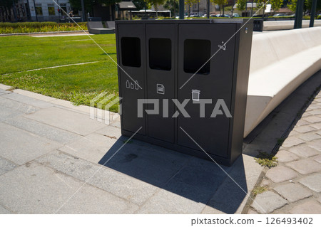 Garbage containers for separation and sorting with labels. Waste sorting, the concept of eco-friendly garbage collection 126493402
