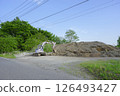 Excavated soil piled up and a hydraulic excavator 126493427