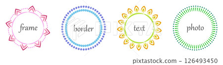 Frame, doodle dot edge border Set. Hand drawn paint brush line stroke, blue pink green multicolour background. Circle geometric outline shape. Text copy space. Fun cute modern vector illustration 126493450