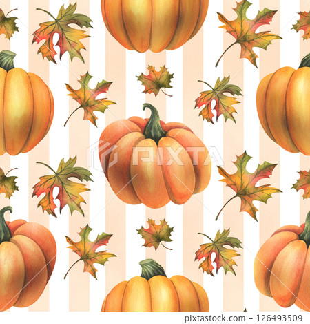 Orange autumn pumpkins with maple leaves. Watercolor illustration, hand drawn. Seamless pattern on a white striped background Thanksgiving, Harvest, Halloween 126493509
