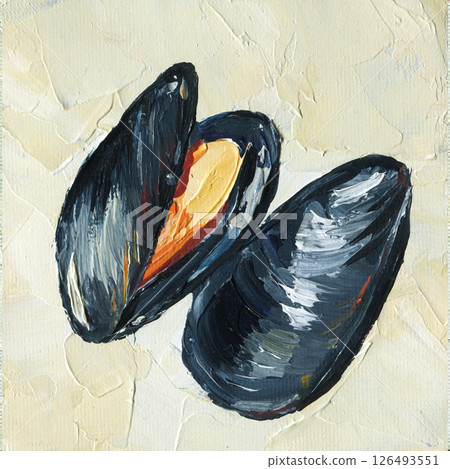 mussel seafood oil painting with dark blue shell and orange tones marine gourmet appetizer art ocean texture fresh food 126493551