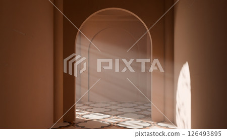 Sunlight shining through arched hallway interior. 3d render Sunlight shining through arched hallway interior. 3d render 126493895