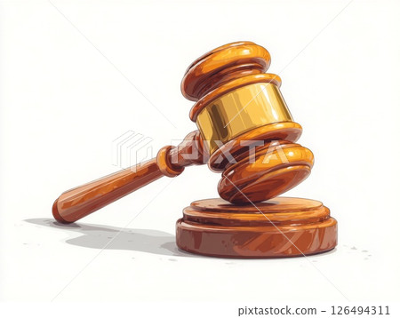 Brown Wooden Gavel with Gold Band on White Background 126494311