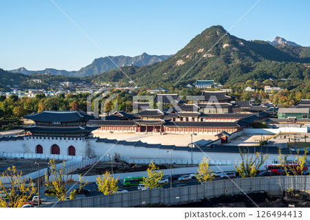 Aerial view of Gyeongbokgung royal palace of the Joseon dynasty in Seoul, capital of South Korea Aerial view of Gyeongbokgung royal palace of the Joseon dynasty in Seoul, capital of South Korea 126494413
