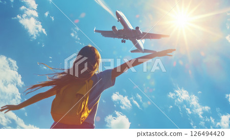 Girl Enjoying the Freedom of Travel as Airplane Flies Overhead 126494420