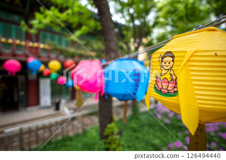 Colorful Buddha birthday lanterns at Namsangol Hanok Village in Seoul, South Korea Colorful Buddha birthday lanterns at Namsangol Hanok Village in Seoul, South Korea 126494440