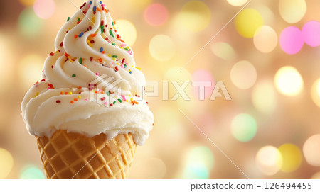 Delicious Soft Serve Ice Cream Cone with Colorful Sprinkles Delicious Soft Serve Ice Cream Cone with Colorful Sprinkles 126494455