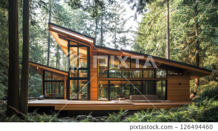 Modern Wooden Cabins in a Peaceful Forest Setting 126494460