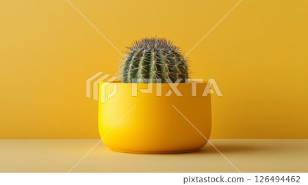 Vibrant Cactus in Yellow Pot Against Colorful Background 126494462
