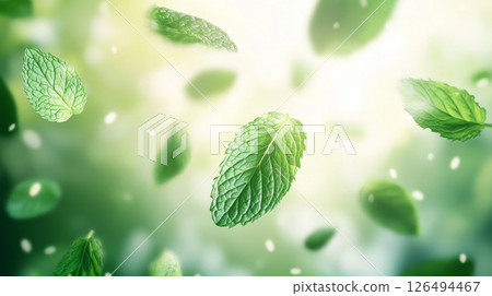 Fresh Green Mint Leaves Floating in Air on a Blurred Background 126494467