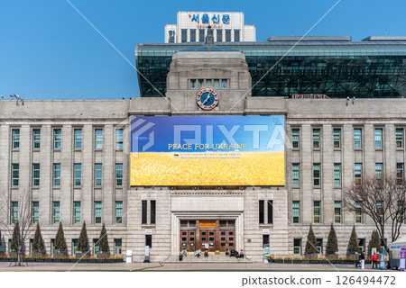 Huge banner calling for peace in Ukraine on Seoul City Hall building in Seoul, South Korea 126494472