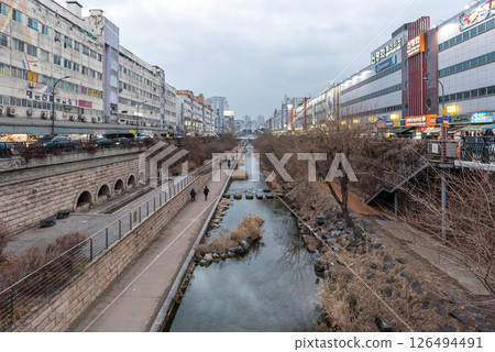 Cheonggyecheon Stream, public urban park in downtown Seoul, capital of South Korea 126494491