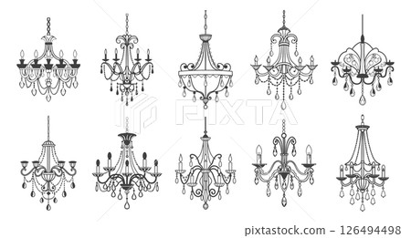 Collection of various chandeliers. Hand drawn illustration of antique crystal chandeliers. Sketch drawing of antique lighting equipment. 126494498