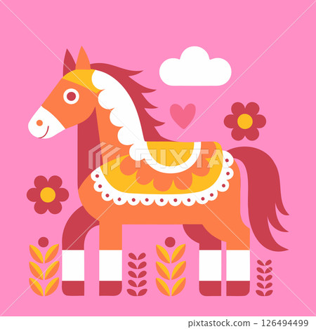 Cute horse in nature with flowers on pink background. Horse illustration in folk art style. Pop art illustration. Cute horse in nature with flowers on pink background. Horse illustration in folk art style. Pop art illustration. 126494499