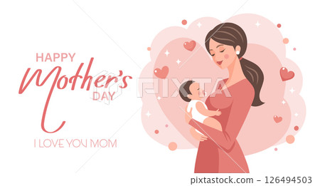 Cute mother holding her baby in her arms. Mother's Day card, banner. Flat illustration. Cute mother holding her baby in her arms. Mother's Day card, banner. Flat illustration. 126494503