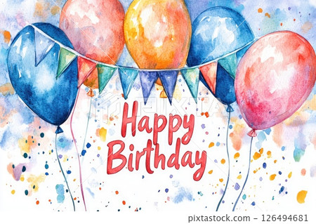 Colorful watercolor illustration of balloons and festive bunting celebrating a joyful birthday occasion 126494681