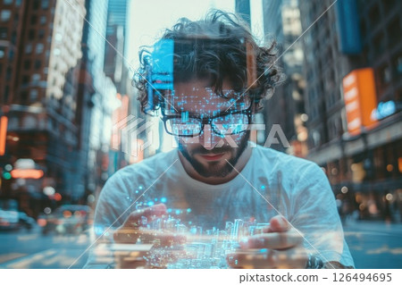 Young man with glasses interacting with digital interface in urban cityscape environment 126494695